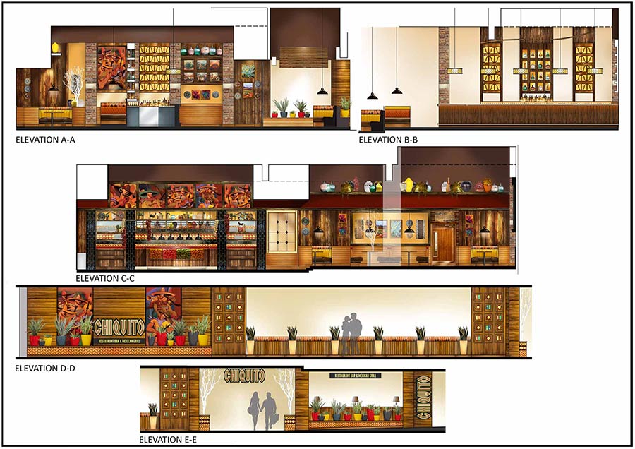 interior design elevations for Chiquito, Eldon Gardens, Newcastle upon Tyne