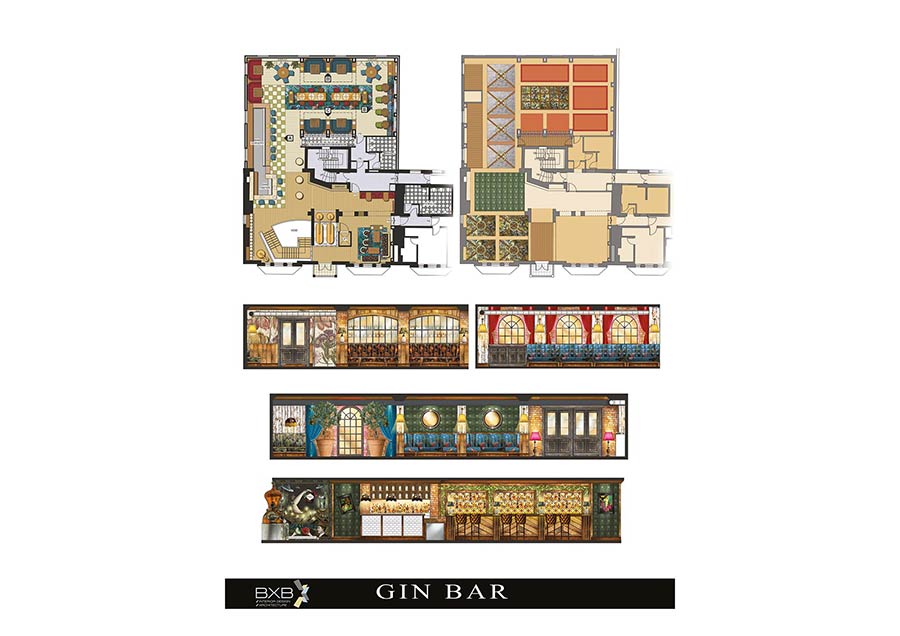 Gin Bar interior design plans and elevations
